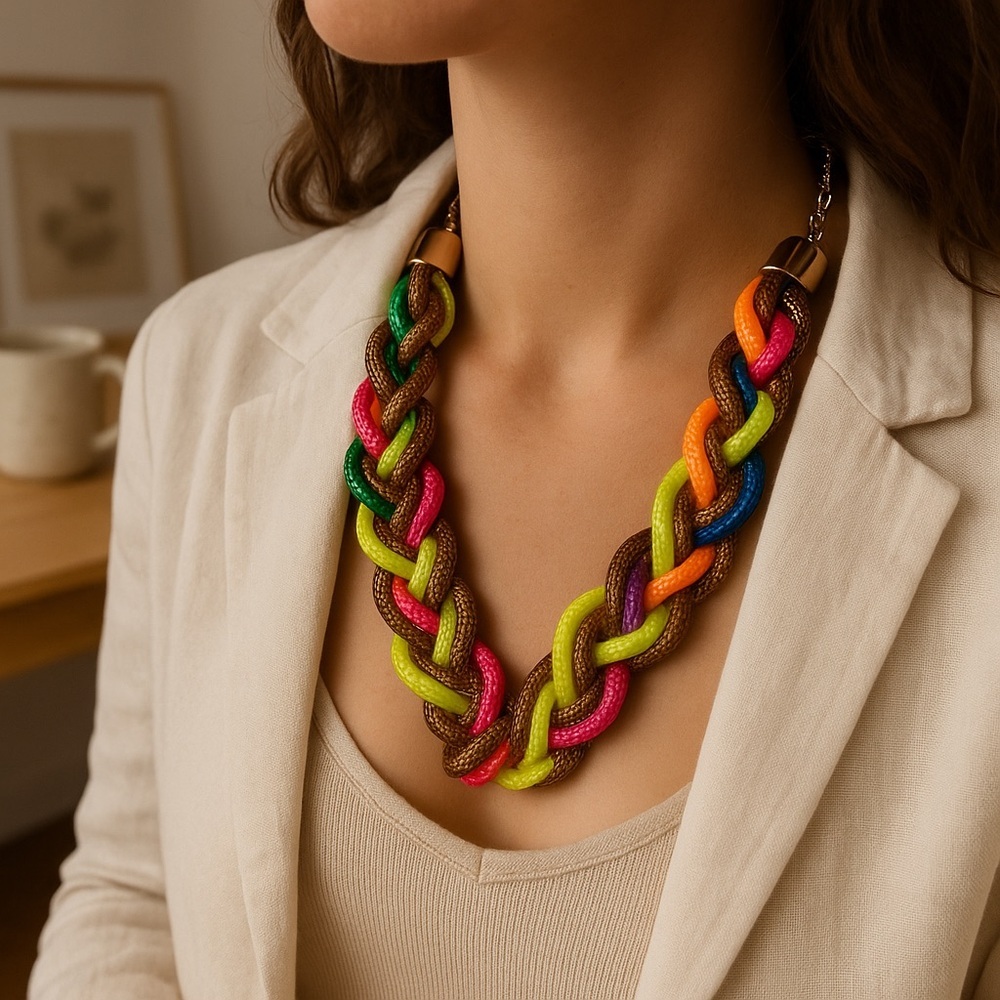 Vibrant Multicolor Braided Necklace Unique Statem… - image 5
